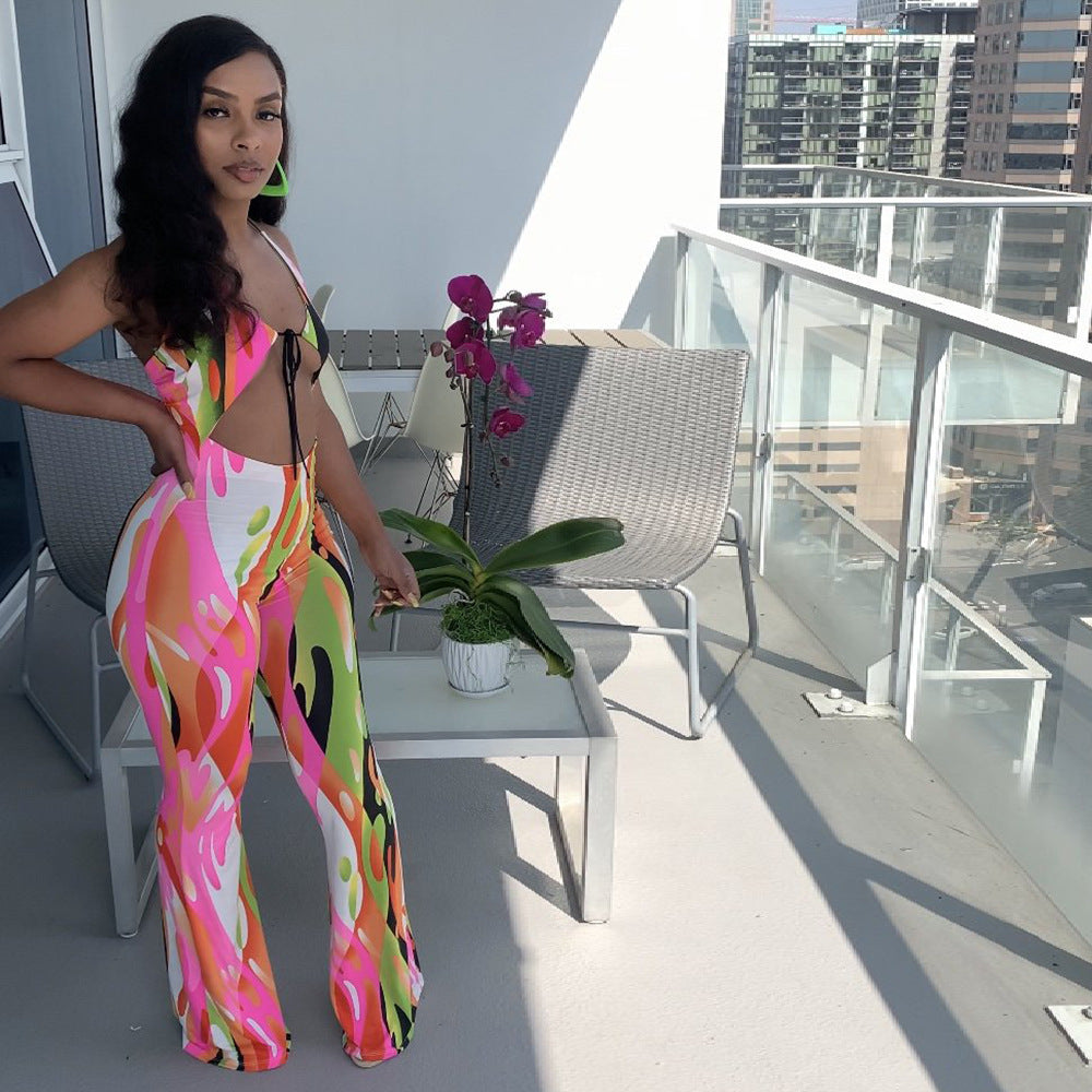 Sexy Sexy Printed Halter Backless Jumpsuit
