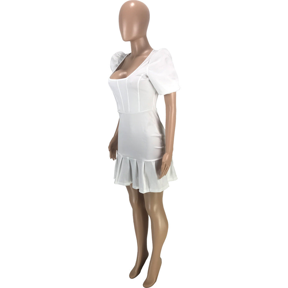 Sexy Solid Puff Sleeve Pleated Mini Dress