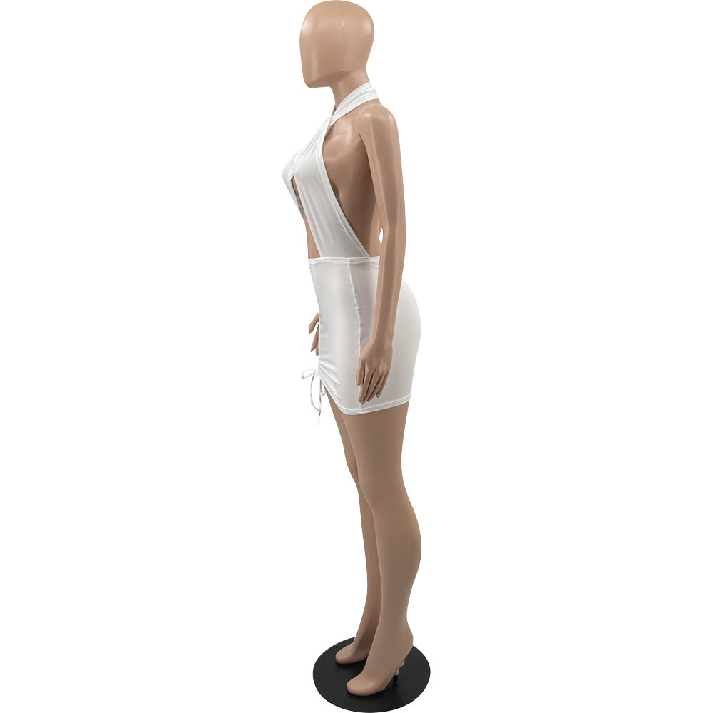 Sexy Solid Color Cross Halter Sexy Mini Dress