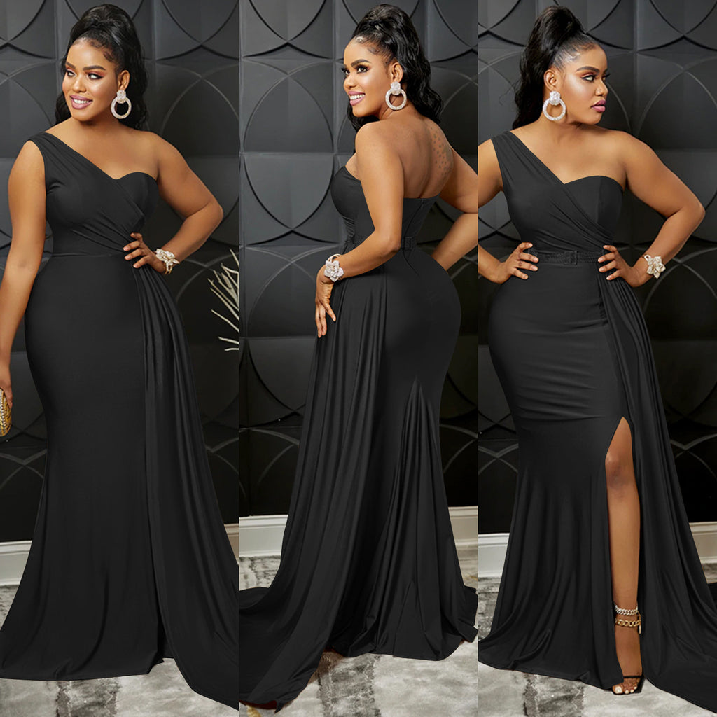 Sexy Solid One Shoulder Split Maxi Evening Dress