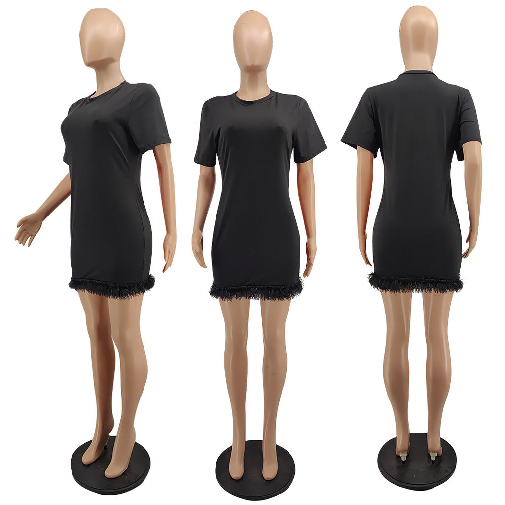Sexy Feather Patchwork Short Sleeve Mini Dress