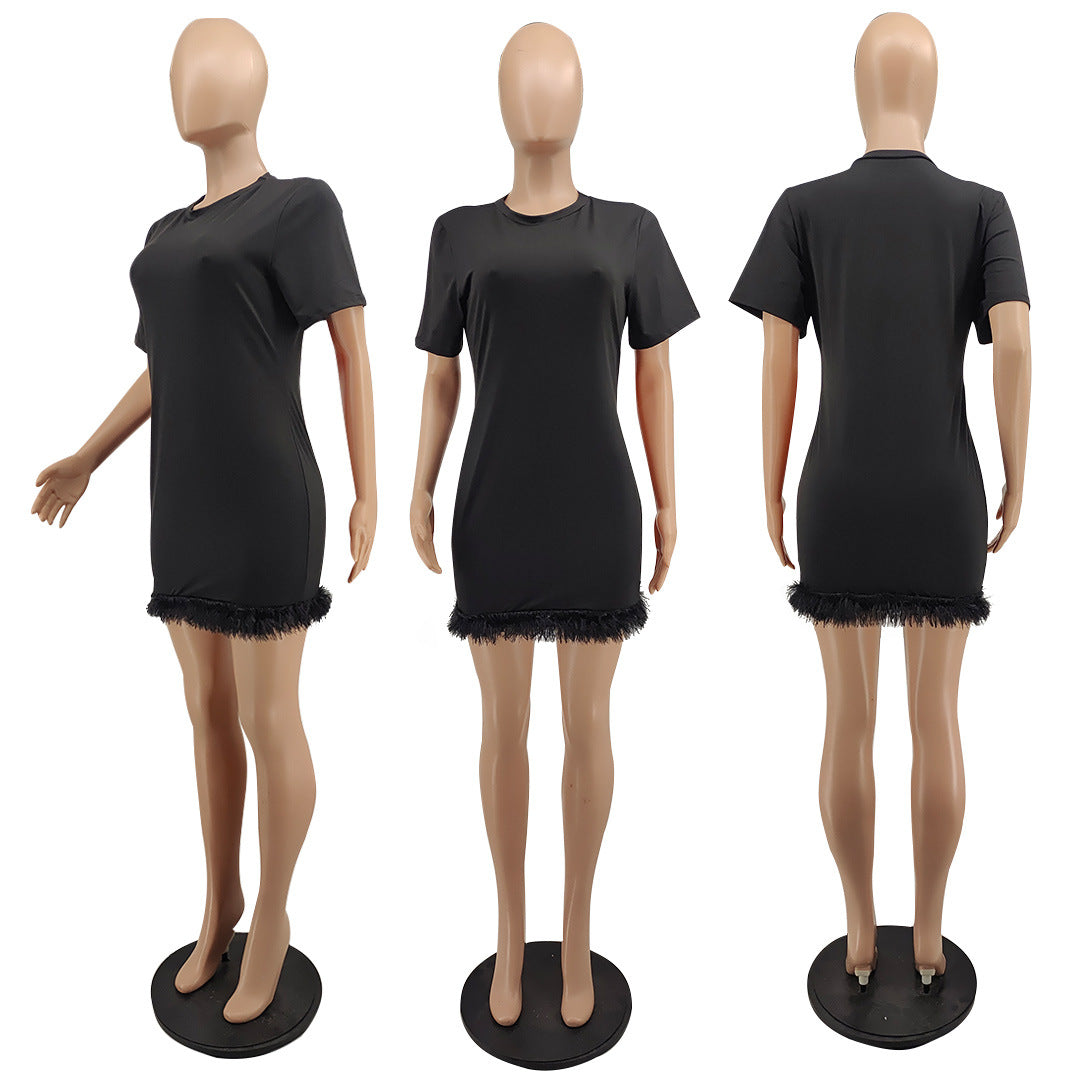 Sexy Feather Patchwork Short Sleeve Mini Dress