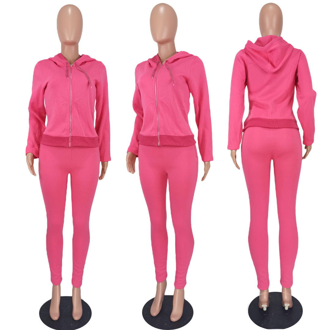 Sexy Solid Fleece Hooded Zipper Long Sleeve Two Piece Sets
