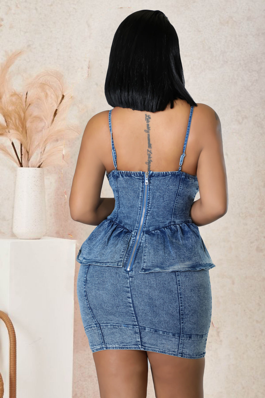 Sexy Denim Ruffled Spaghetti Strap Bodycon Mini Dress