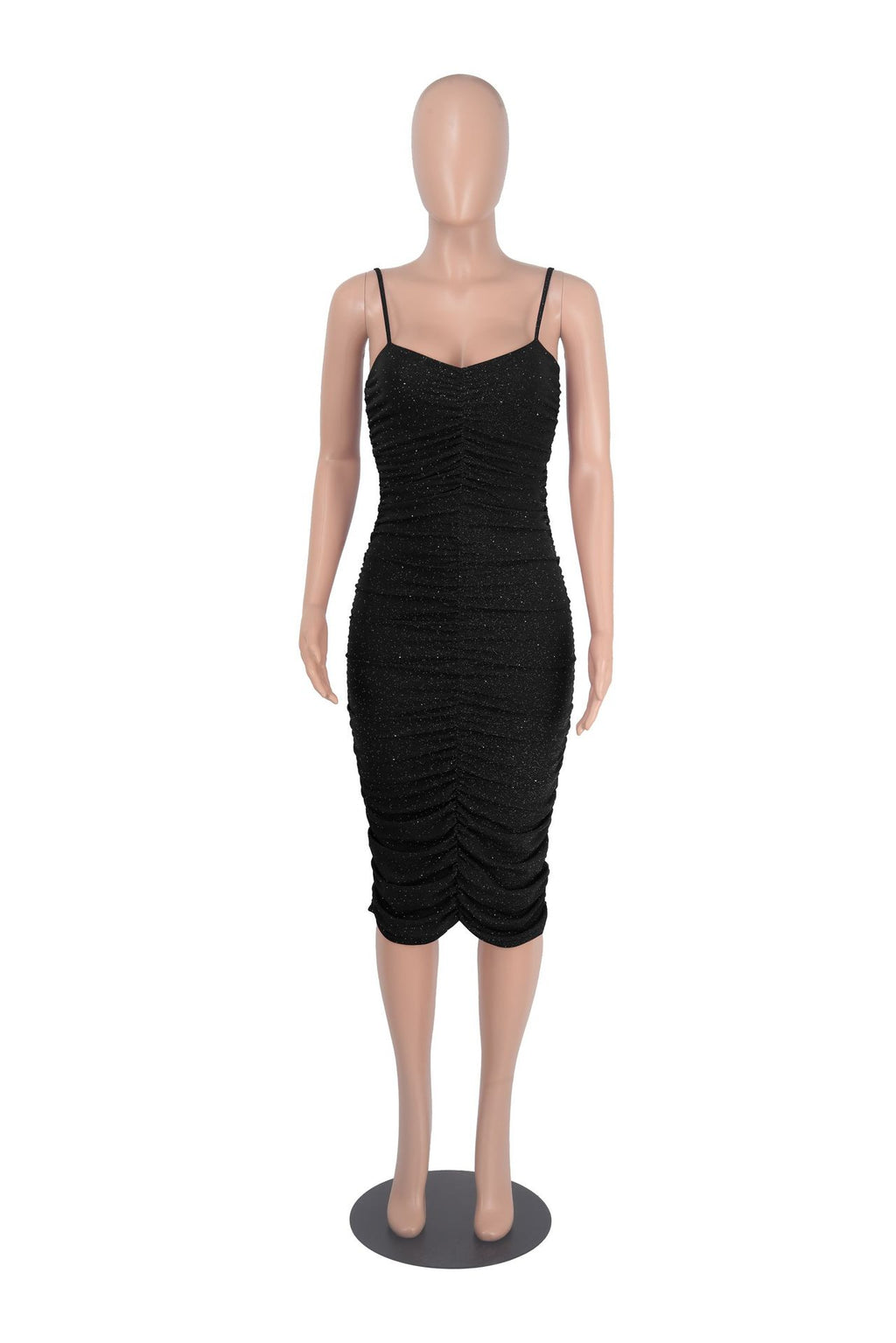 Sexy Shiny Ruched Spaghetti Strap Slim Midi Dress