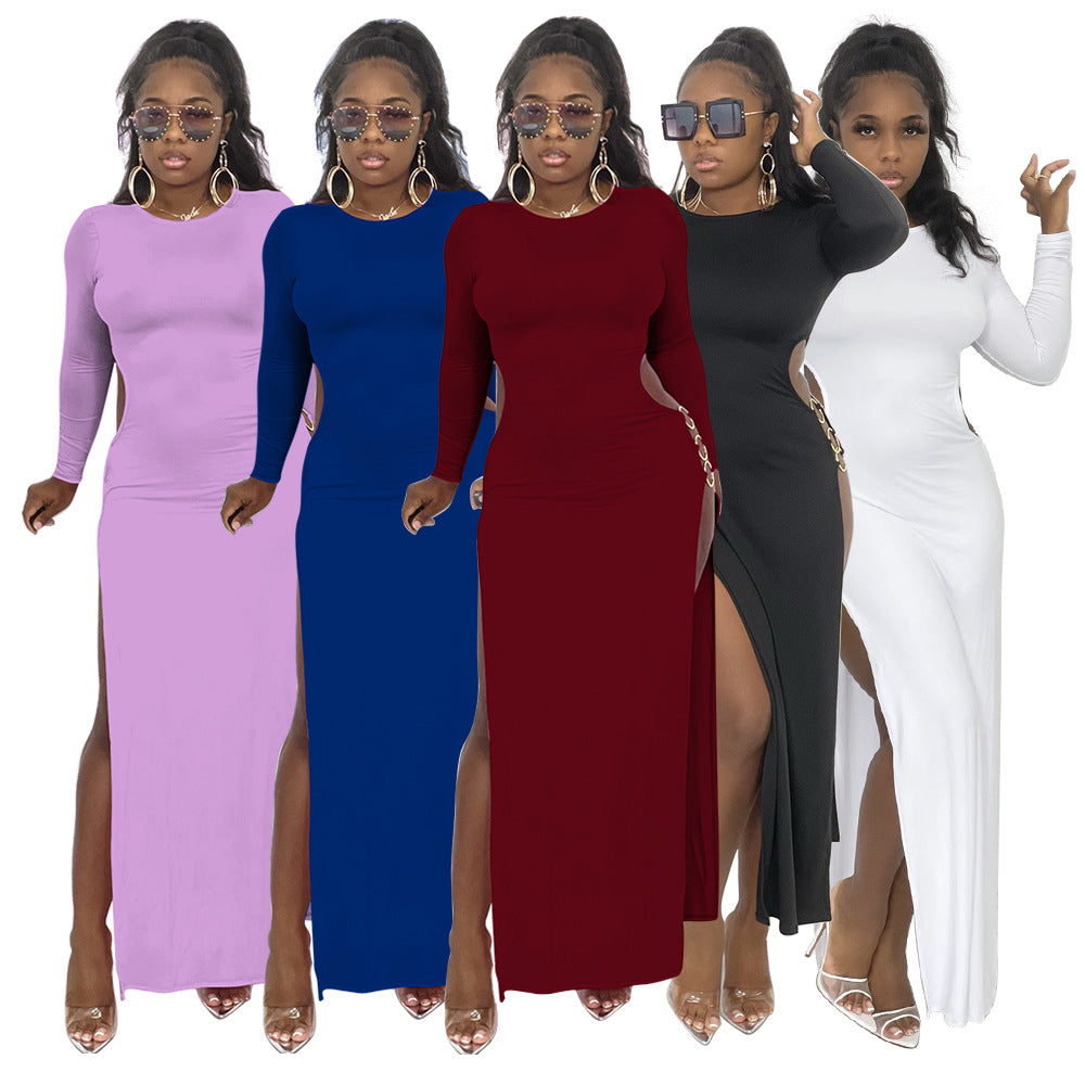 Sexy Solid Color Round Neck Sexy Slit Long Dress