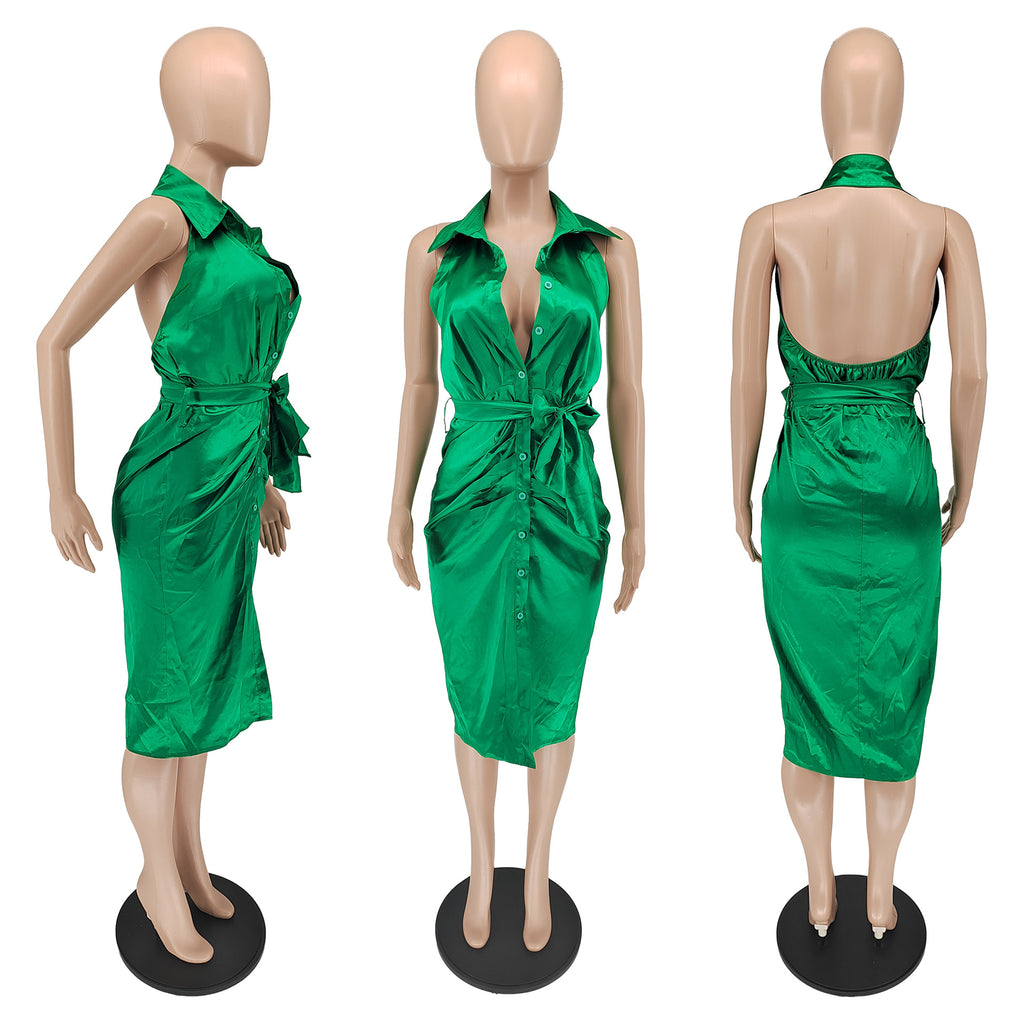 Sexy Sexy Halter Turndown Collar Sashes Midi Dress