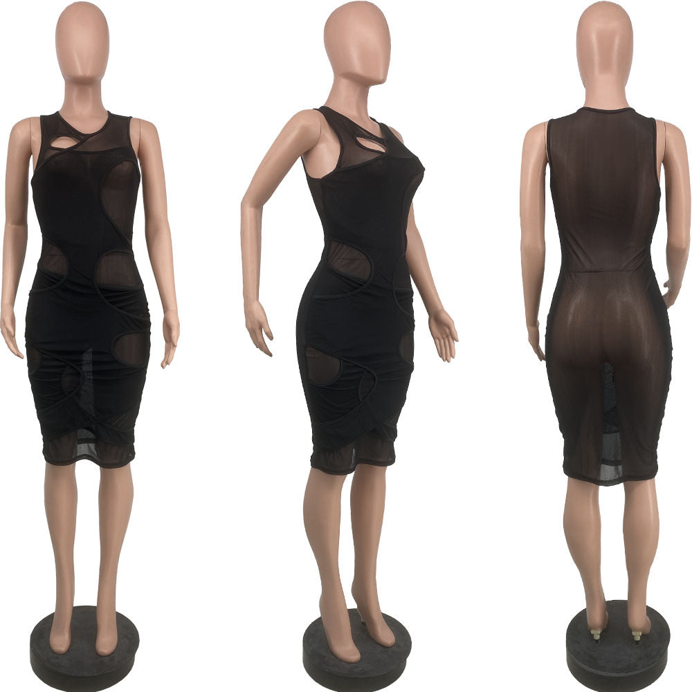Sexy Plus Size Solid Mesh Sleeveless Club Dress