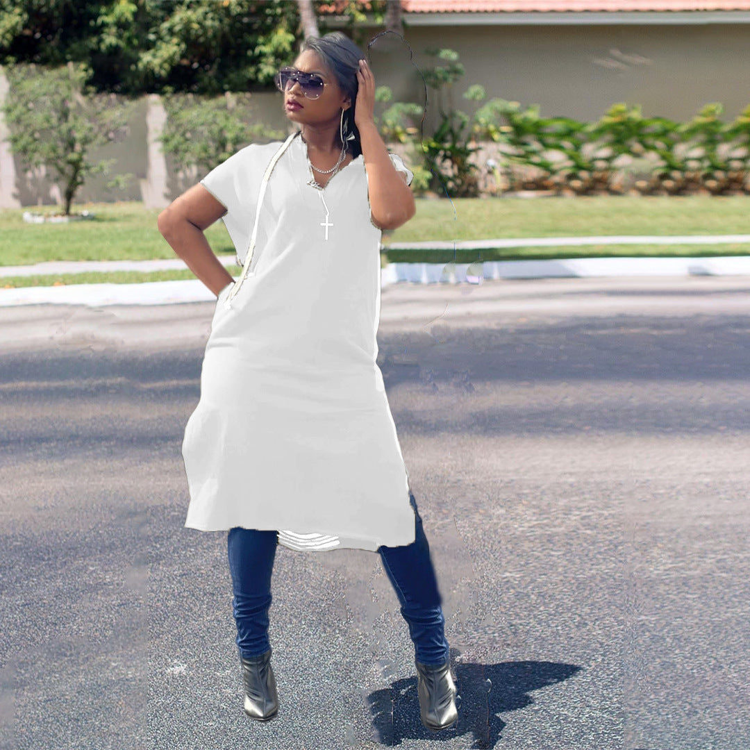 Sexy Solid Hooded Short Sleeve Hole Split Midi Dress