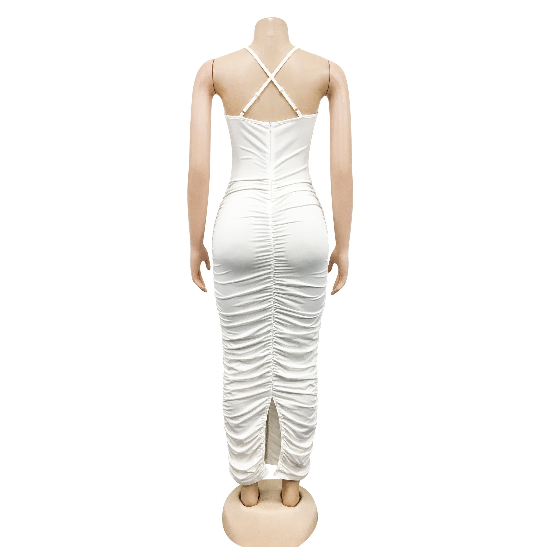 Sexy Solid Ruched V Neck Split Sling Maxi Dress