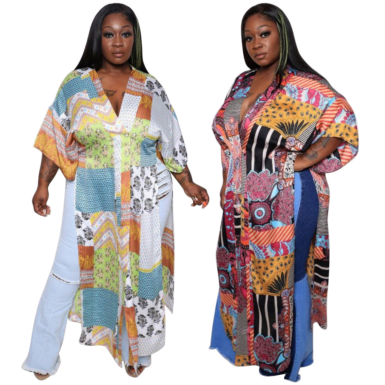 Sexy Plus Size Printed V Neck Loose Vacation Maxi Dress