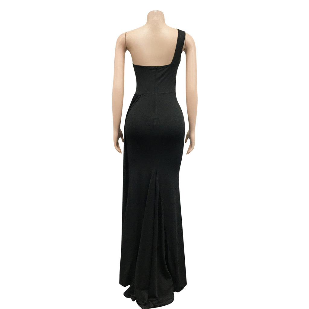 Sexy Solid One Shoulder Split Maxi Evening Dress