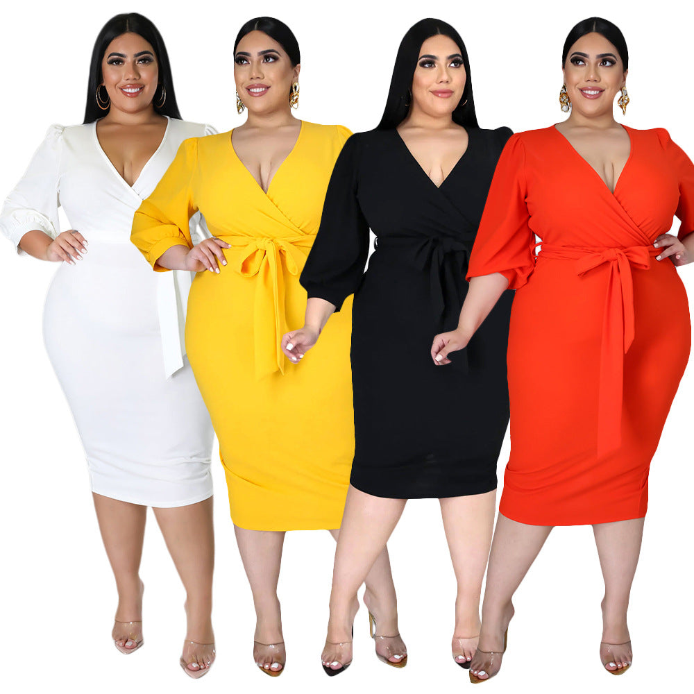Sexy Plus Size Solid 3/4 Sleeve Sashes Midi Dress