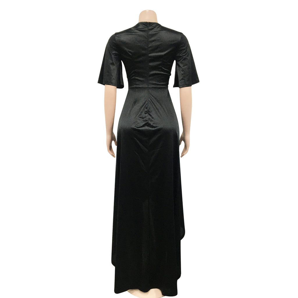Sexy Solid V Neck Short Sleeve Irregular Maxi Dress