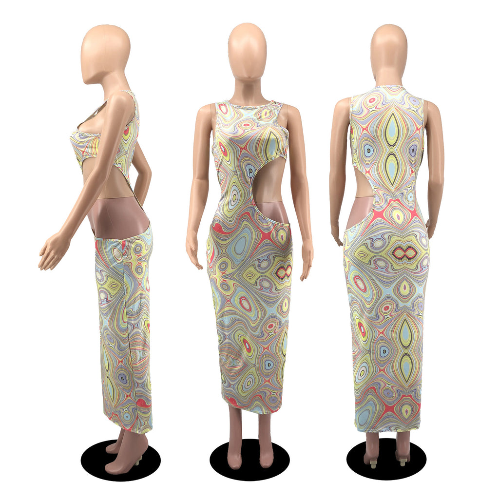 Sexy Sexy Printed Hollow Out Sleeveless Maxi Dress