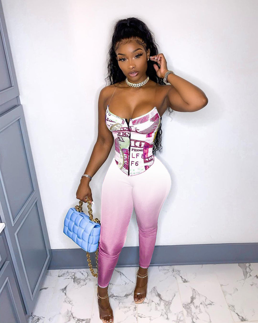 Sexy Dollar Print Gradient Slim Fit Two Piece Pants Set