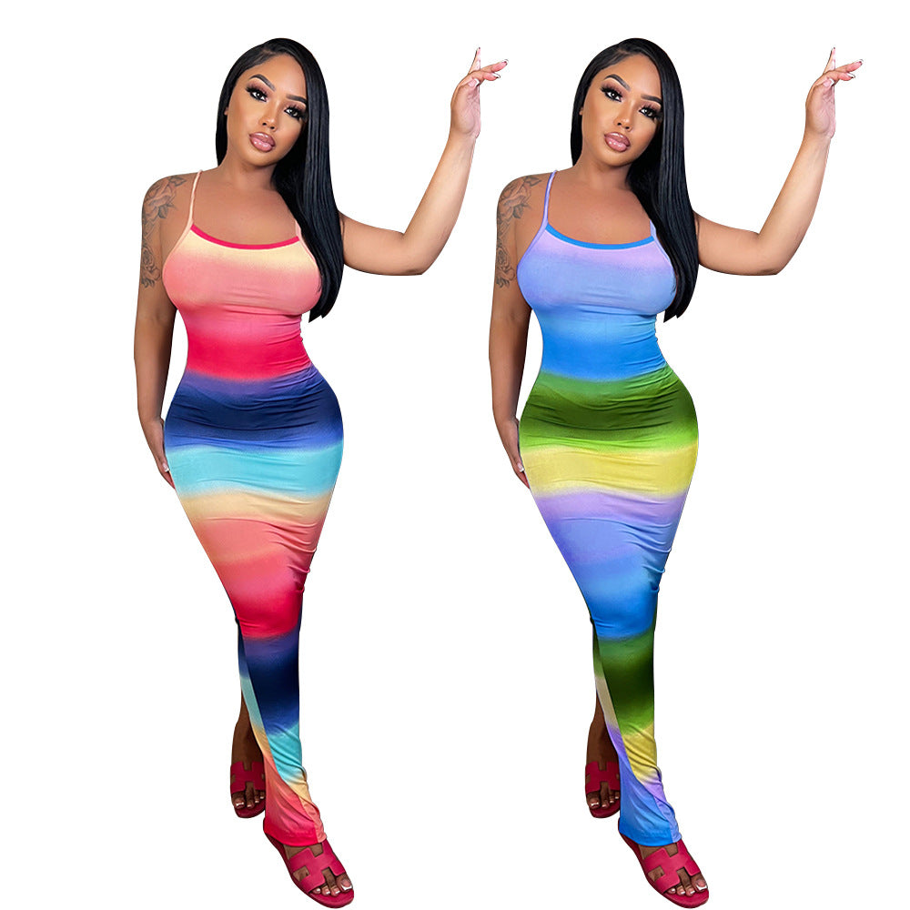 Sexy Rainbow Color Split Slim Maxi Dress