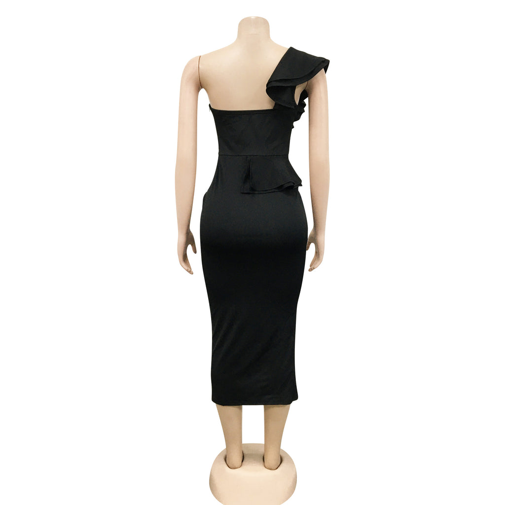 Sexy Solid One Shoulder Ruffled Split Midi Dress