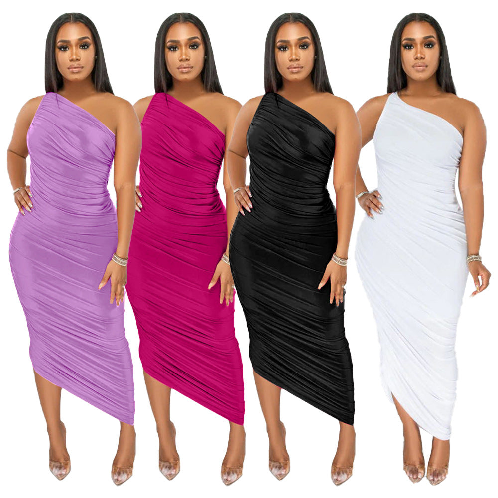 Sexy Sexy Solid Color Sloping Shoulder Ruched Slim Dress