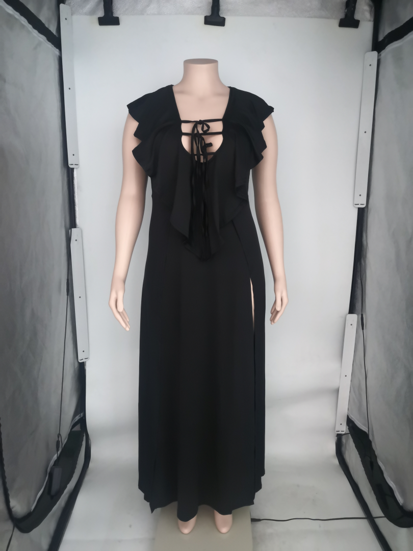 Sexy Plus Size Solid Ruffle Split Maxi Dress