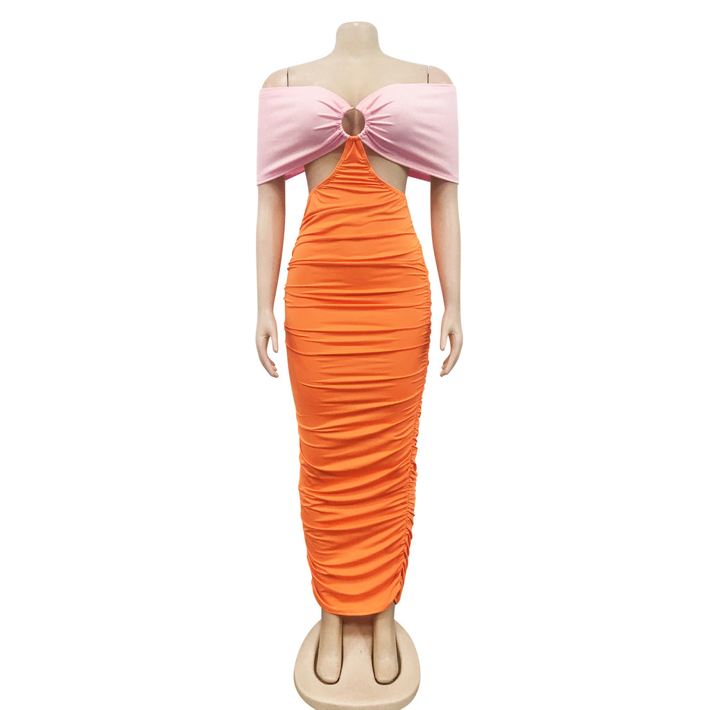Sexy Contrast Color Off Shoulder Ruched Midi Dress