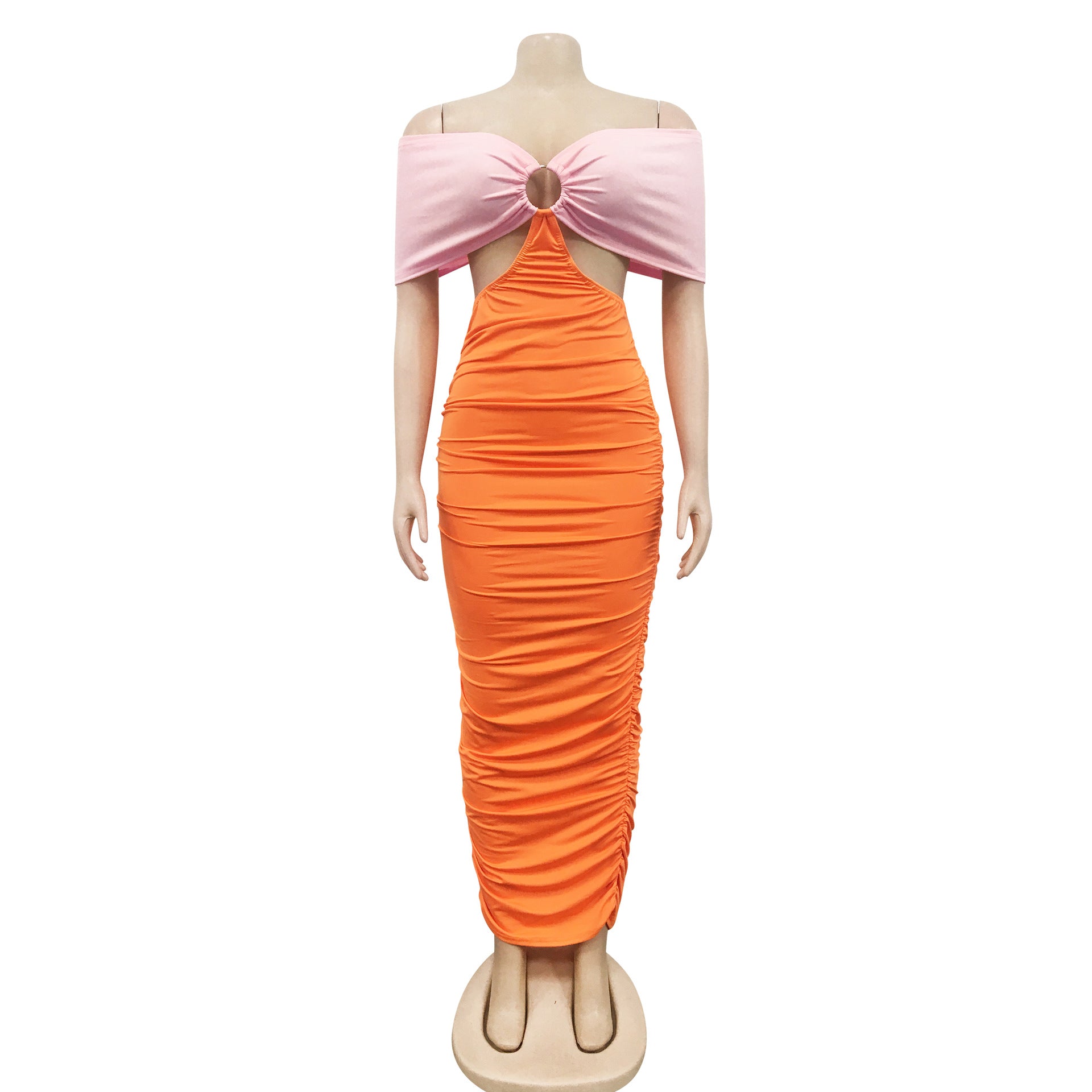 Sexy Contrast Color Off Shoulder Ruched Midi Dress