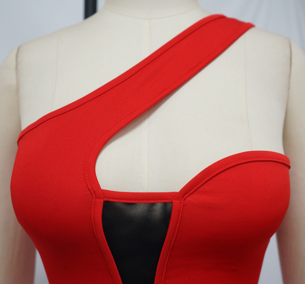 Sexy Irregular Solid Color Mesh Splice Slim Midi Dress