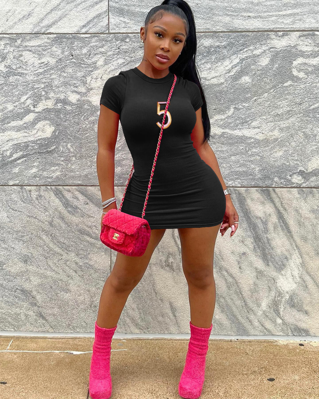 Sexy Number Print Short Sleeve Slim Mini Dress