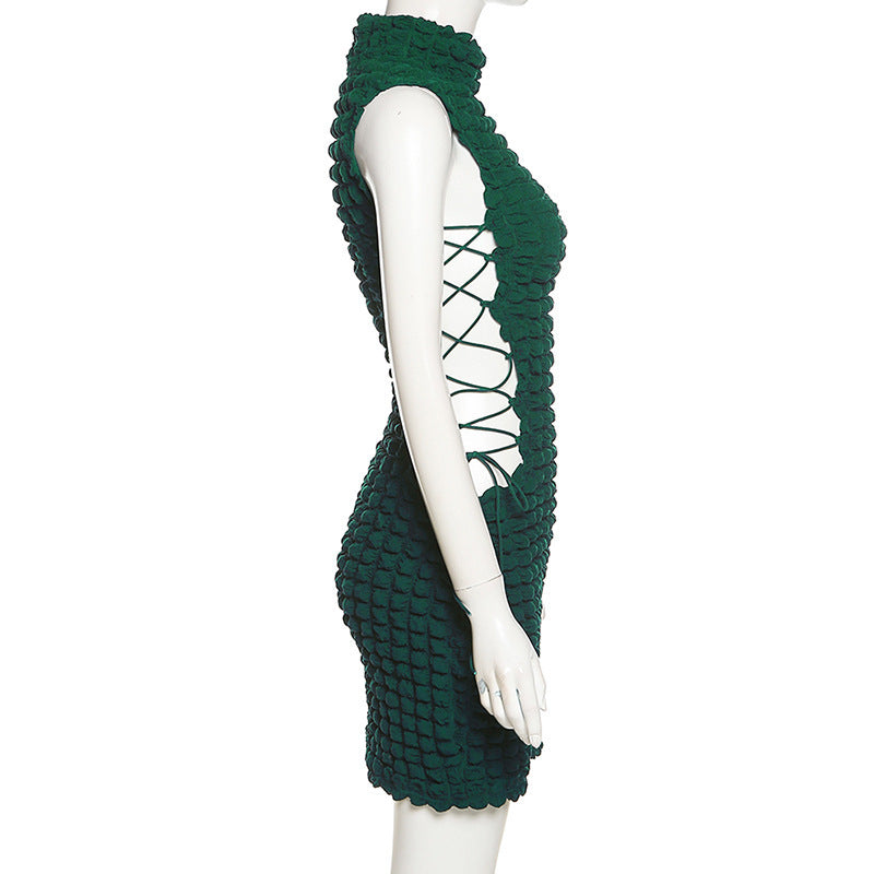 Sexy Solid Sleeveless Lace-Up Hollow Out Mini Dress