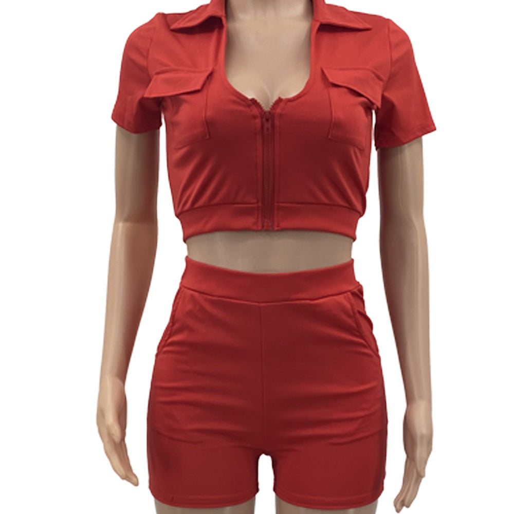 Sexy Casual Solid Short Sleeve Zipper Two Piece Shorts Set