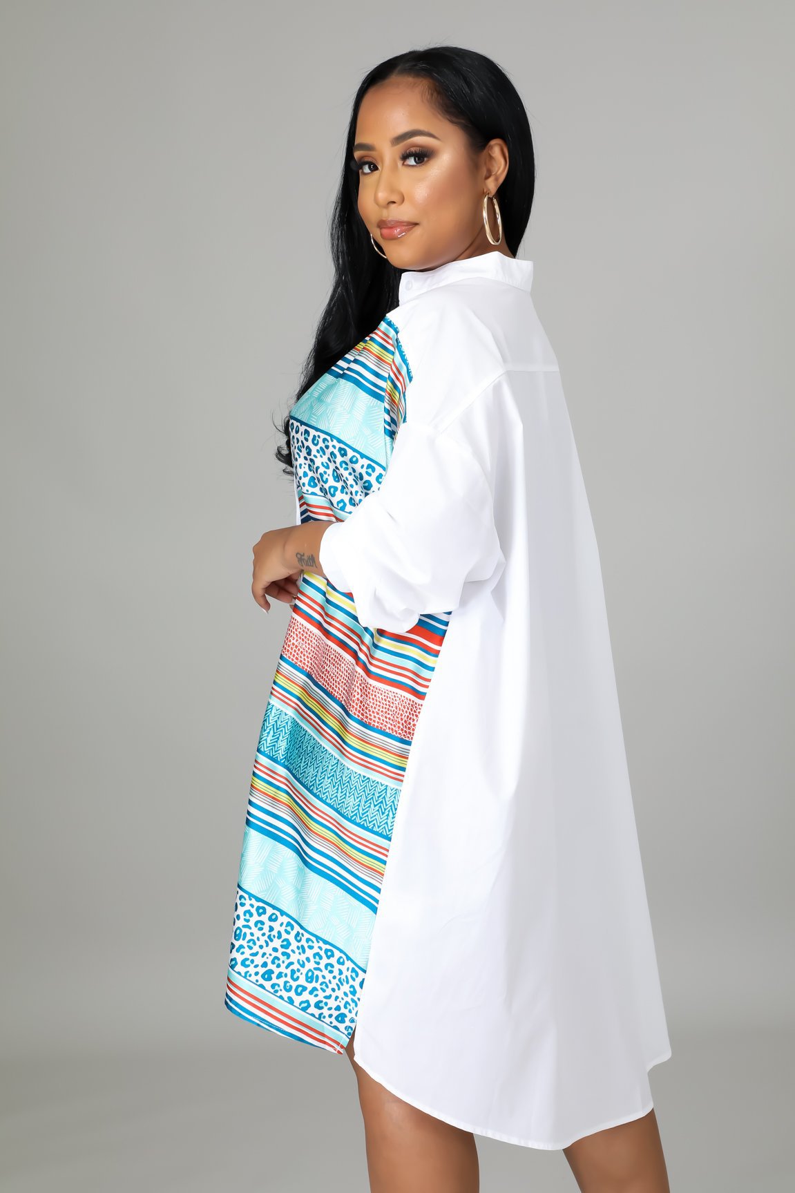 Sexy Plus Size Printed Long Sleeve Shirt Dress