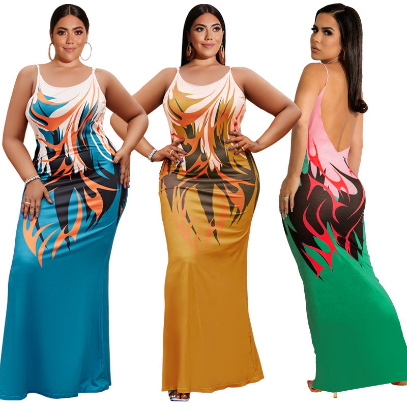 Sexy Plus Size Printed Backless Sleeveless Maxi Dress