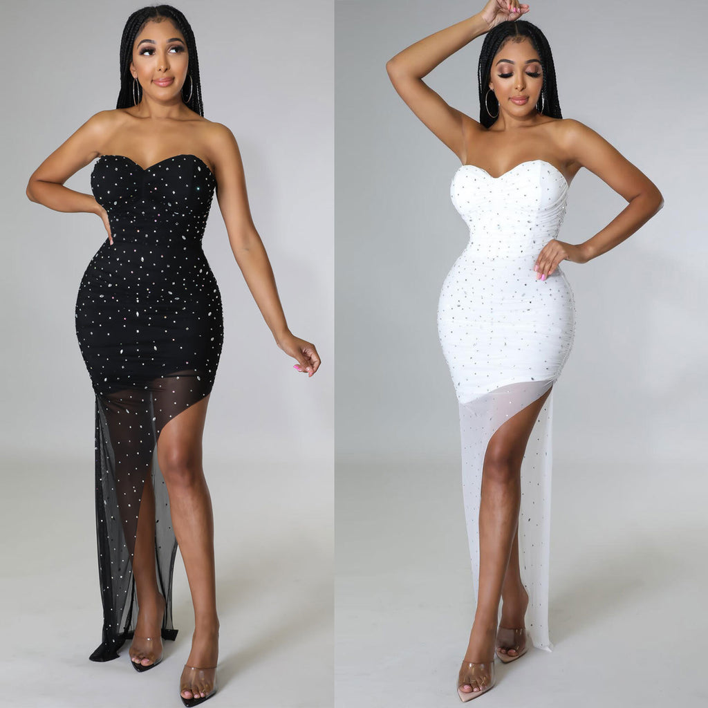 Sexy Plus Size Sexy Slim Tube Top Split Hot Diamond Maxi Dress