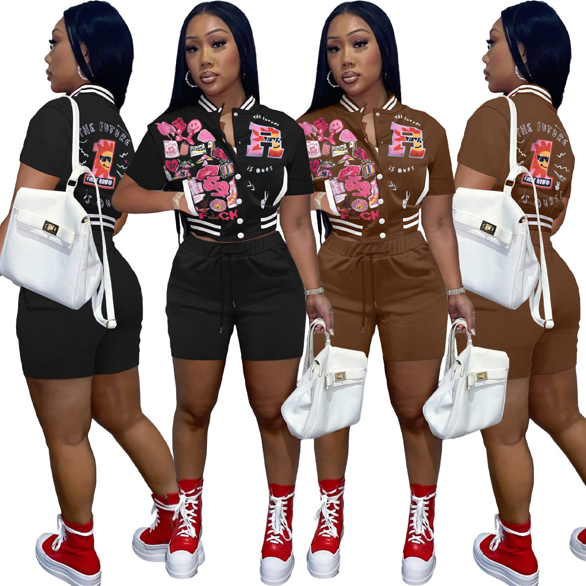 Sexy Fashion Printing Press Button Baseball Jacket Shorts Set