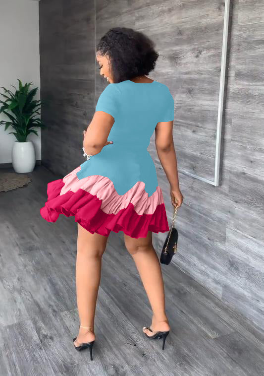 Sexy Short Sleeve Patchwork Pleated Mini Dress
