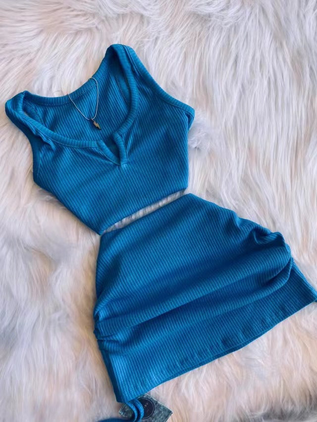 Sexy Solid Color Sleeveless Drawstring Skirt 2 Piece Set