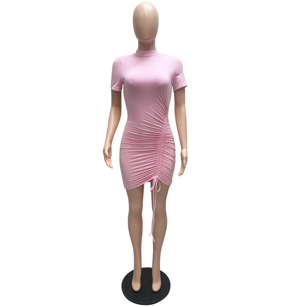 Sexy Solid Short Sleeve Drawstring Slim Mini Dress