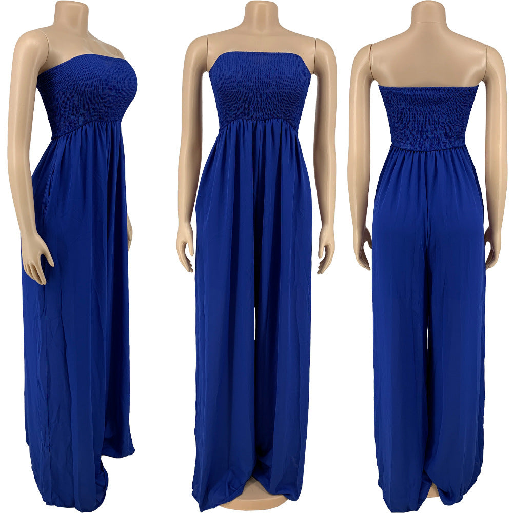 Sexy Plus Size Solid Off Shoulder Strapless Wide Leg Jumpsuit