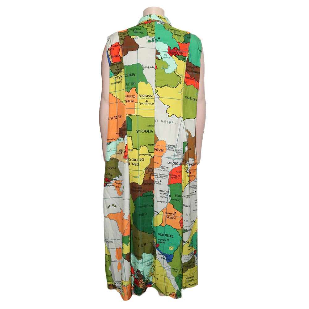 Sexy Plus Size Map Print Sleeveless Maxi Dress