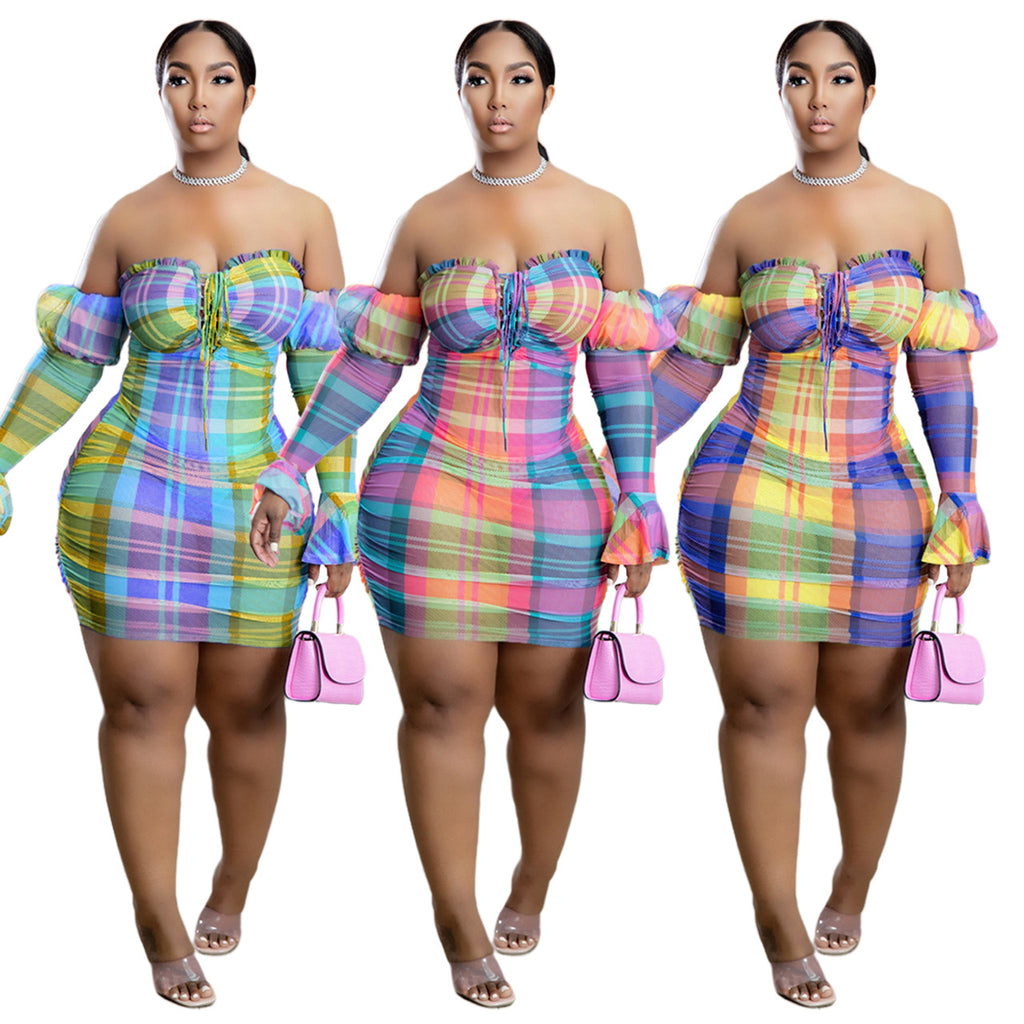 Sexy Sexy Plaid Mesh Long Sleeve Off Shoulder Mini Dress