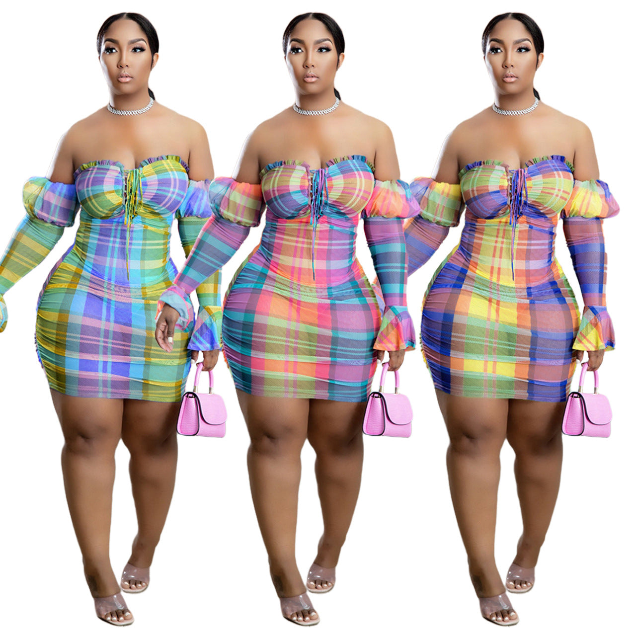 Sexy Sexy Plaid Mesh Long Sleeve Off Shoulder Mini Dress