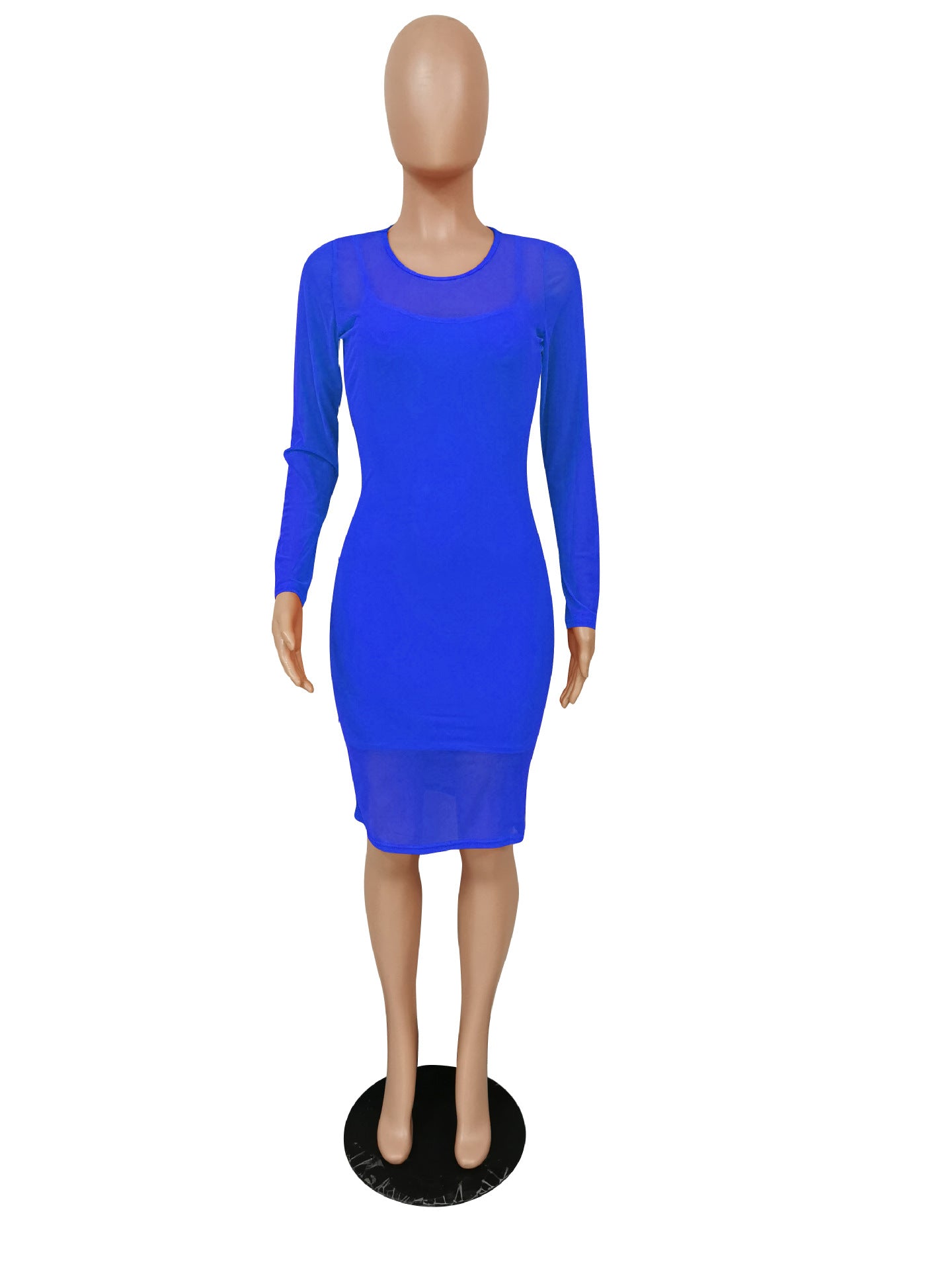 Sexy Solid Long Sleeve Mesh Midi Dress+Sling Mini Dress 2 Piece Sets