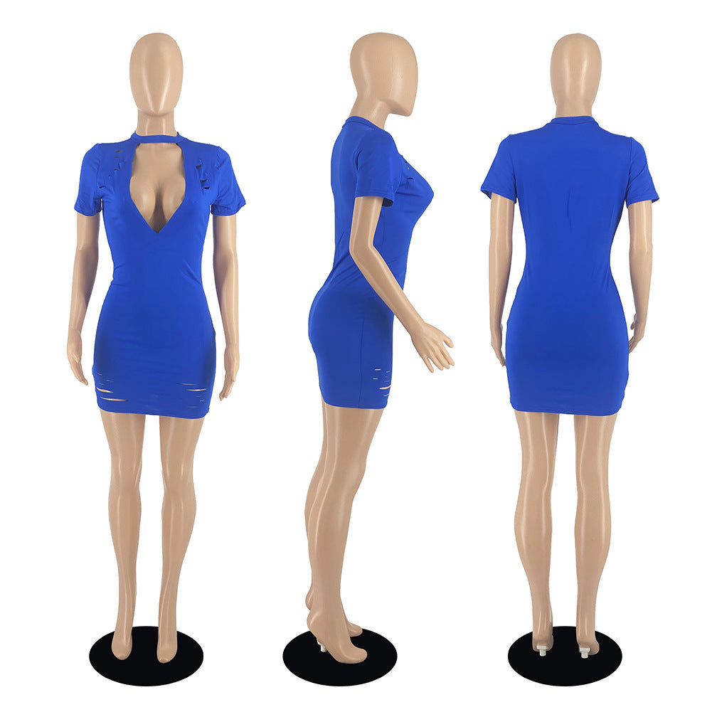Sexy Solid V Neck V Neck Hole Mini Dress