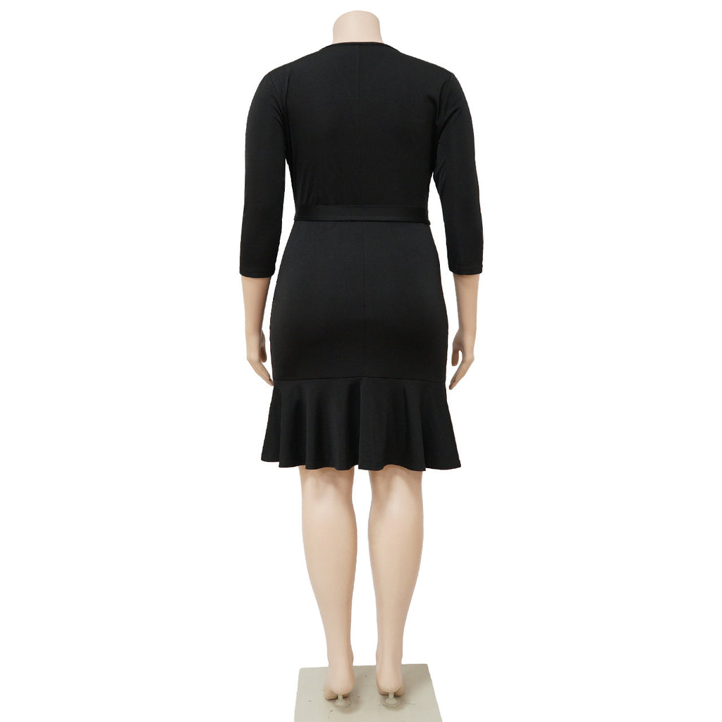 Sexy Plus Size Solid V Neck 3/4 Sleeve Ruffled Bodycon Dress