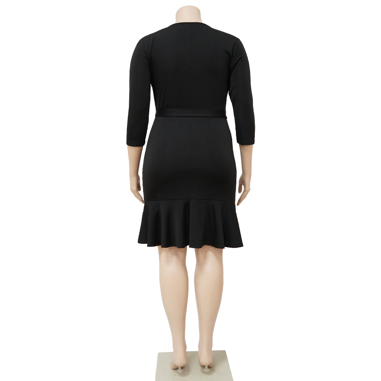 Sexy Plus Size Solid V Neck 3/4 Sleeve Ruffled Bodycon Dress