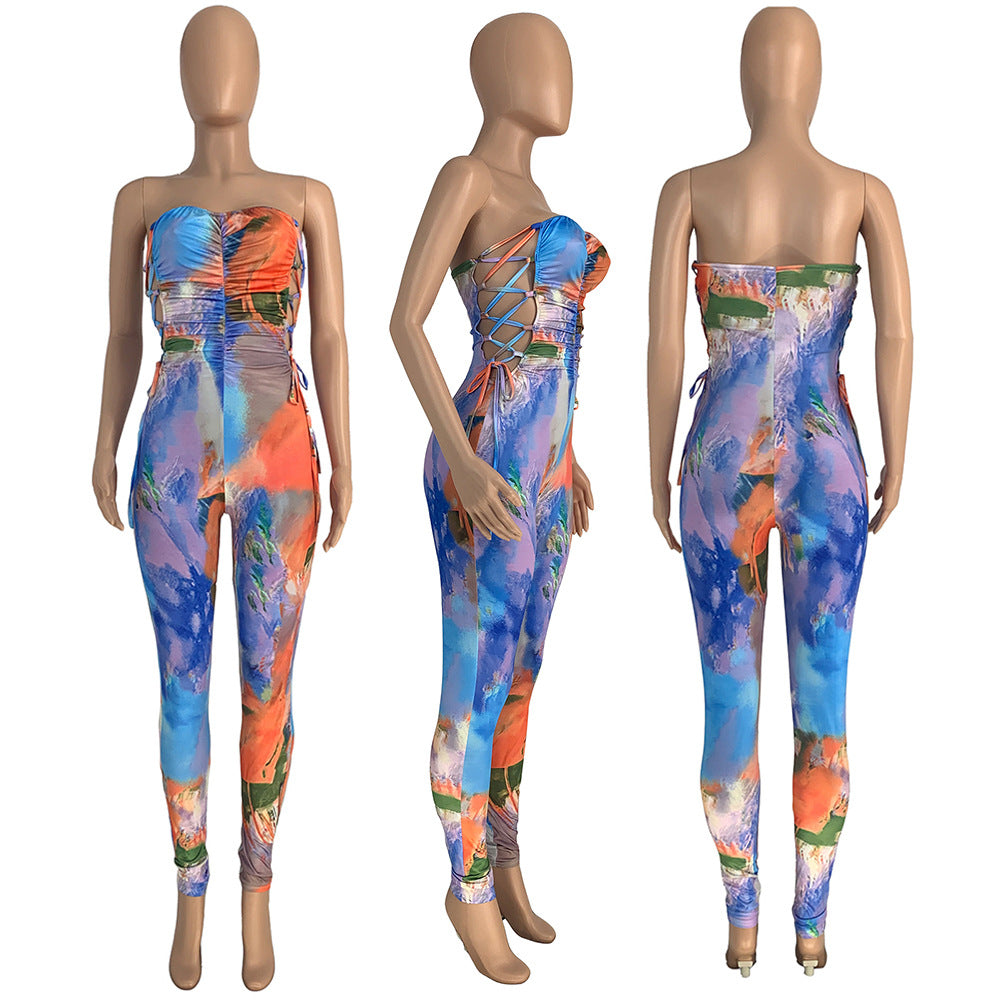 Sexy Sexy Printed Off Shoulder Strapless Lace-Up Jumpsuit