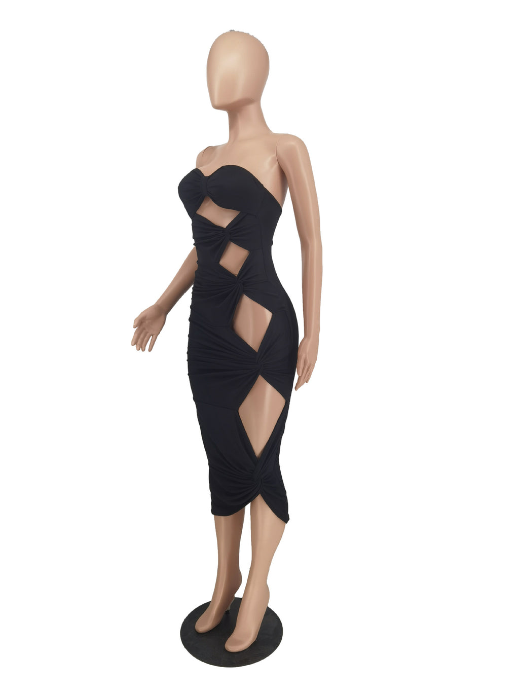 Sexy Solid Strapless Hollow Out Bodycon Midi Dress
