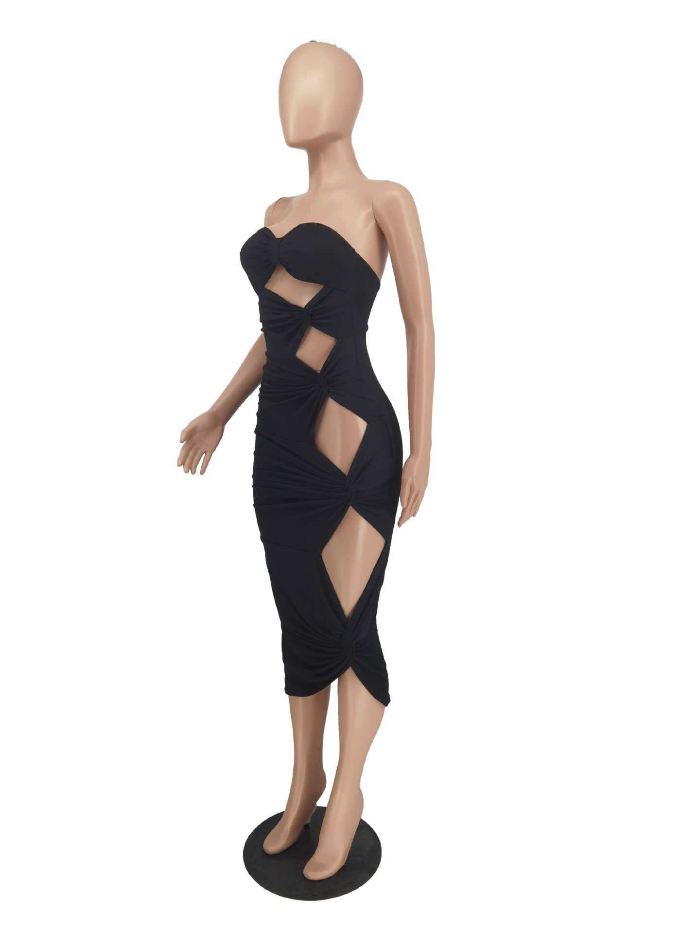 Sexy Solid Strapless Hollow Out Bodycon Midi Dress
