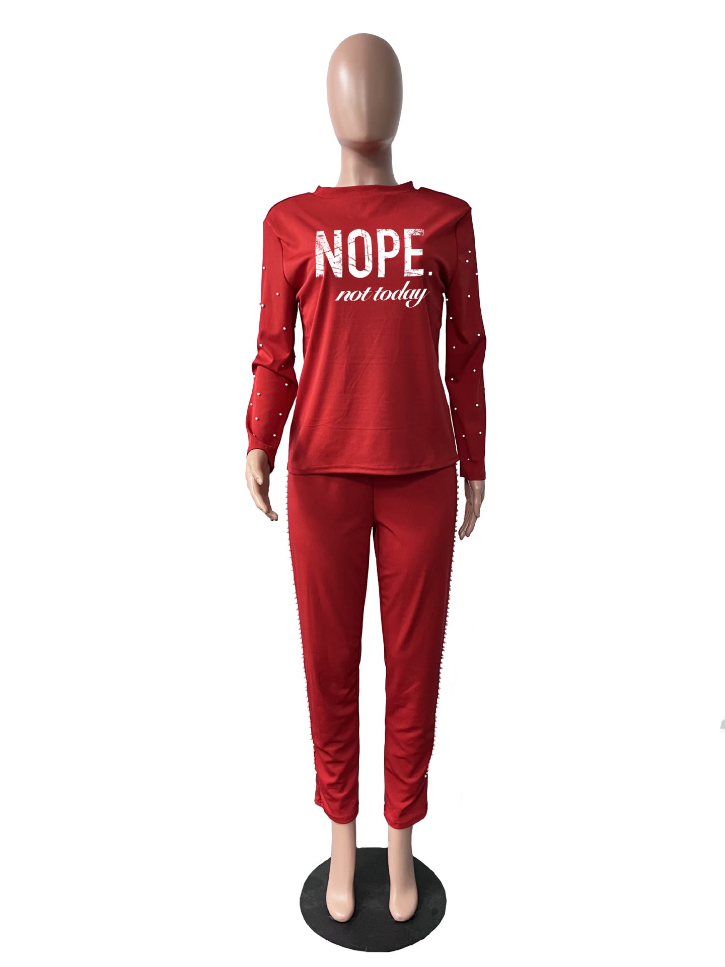 Sexy Pearl Decoration Long Sleeve Print Pant Casual Suit