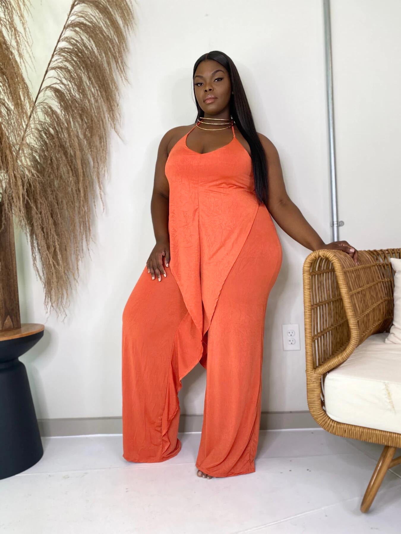 Sexy Solid Ruffled Halter One Piece Jumpsuit